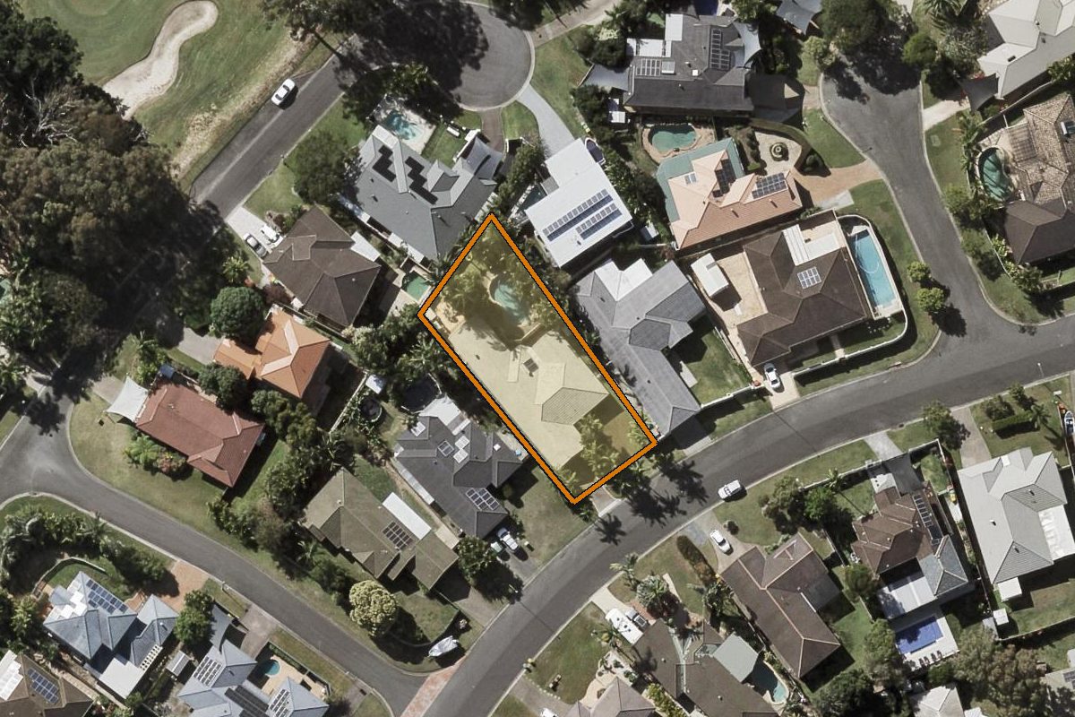 Aerial photo of 49 Inverness Way, Parkwood QLD 4214 with the lot boundary outlined in amber