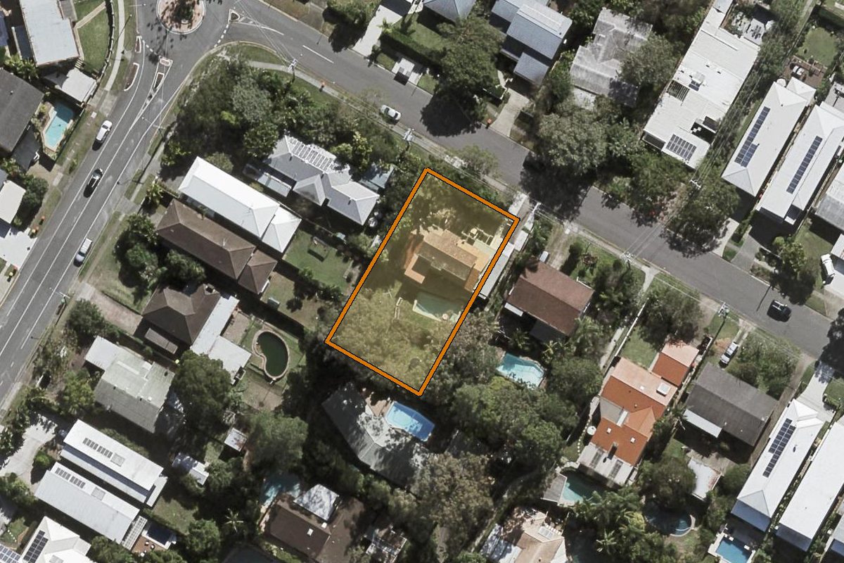 Aerial photo of 5 Gilruth Road, Kenmore QLD 4069 with the lot boundary outlined in amber