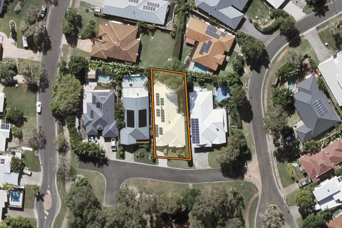 Aerial photo of 5 Nottingham Lane, Peregian Springs QLD 4573 with the lot boundary outlined in amber