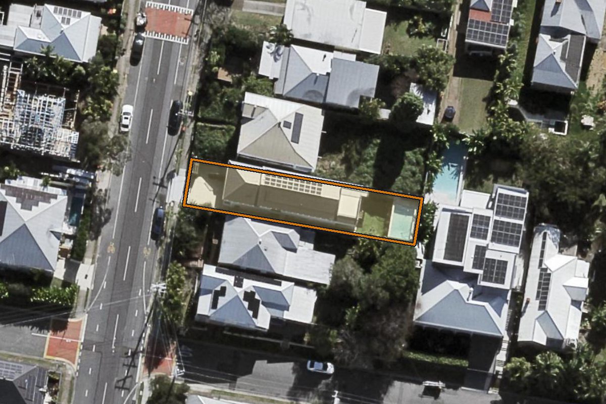 Aerial photo of 53 Ellena Street, Paddington QLD 4064 with the lot boundary outlined in amber