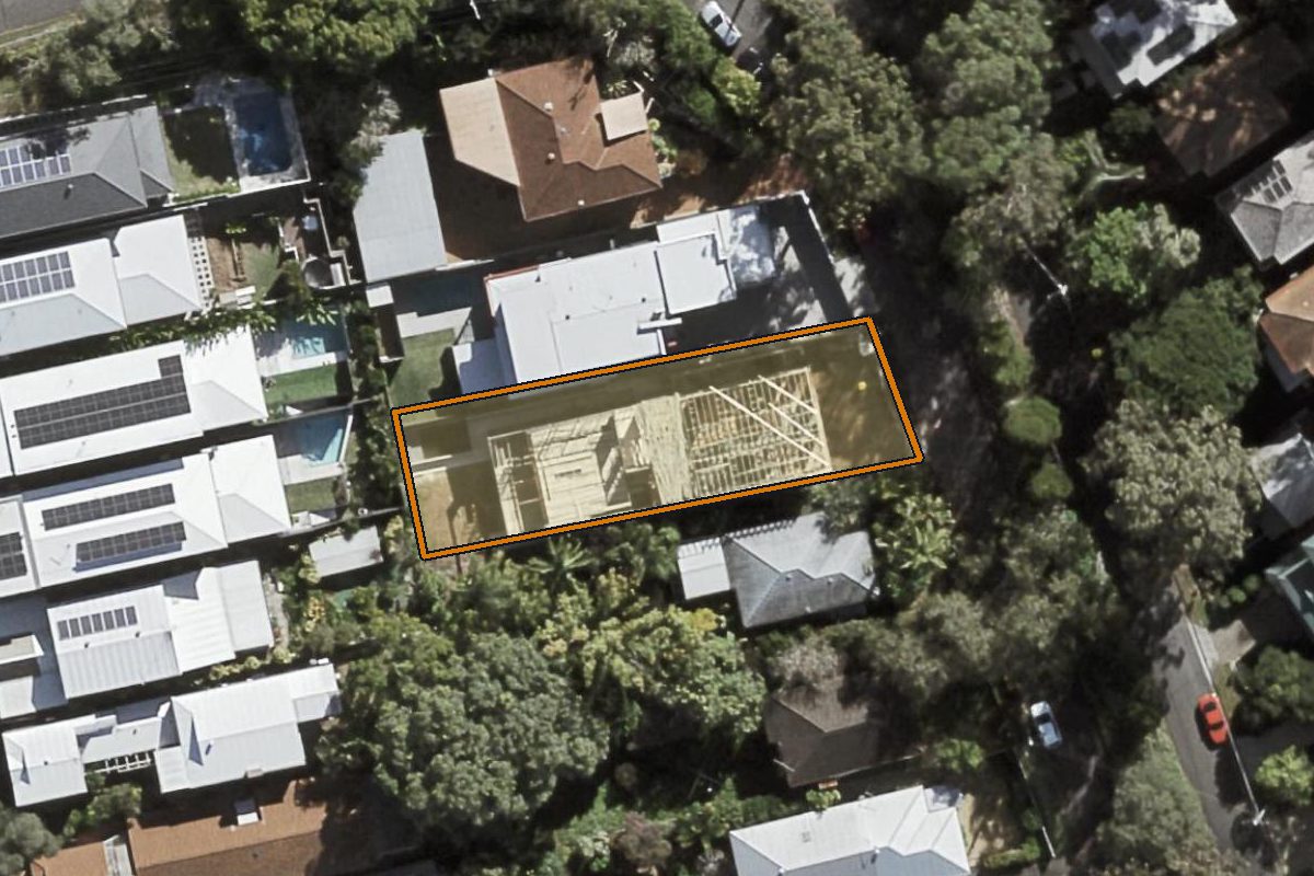 Aerial photo of 55 Orchard Terrace, St Lucia QLD 4067 with the lot boundary outlined in amber