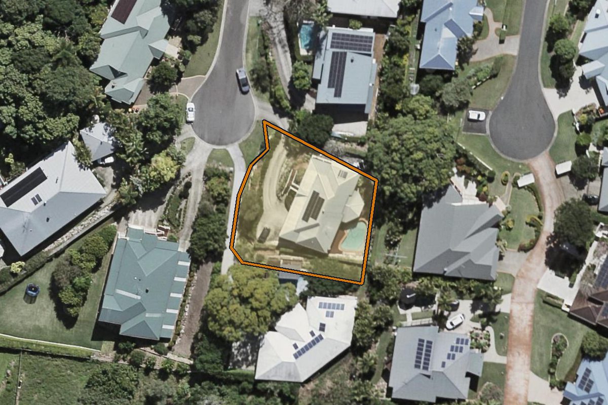 Aerial photo of 56 Bonros Place, The Gap QLD 4061 with the lot boundary outlined in amber