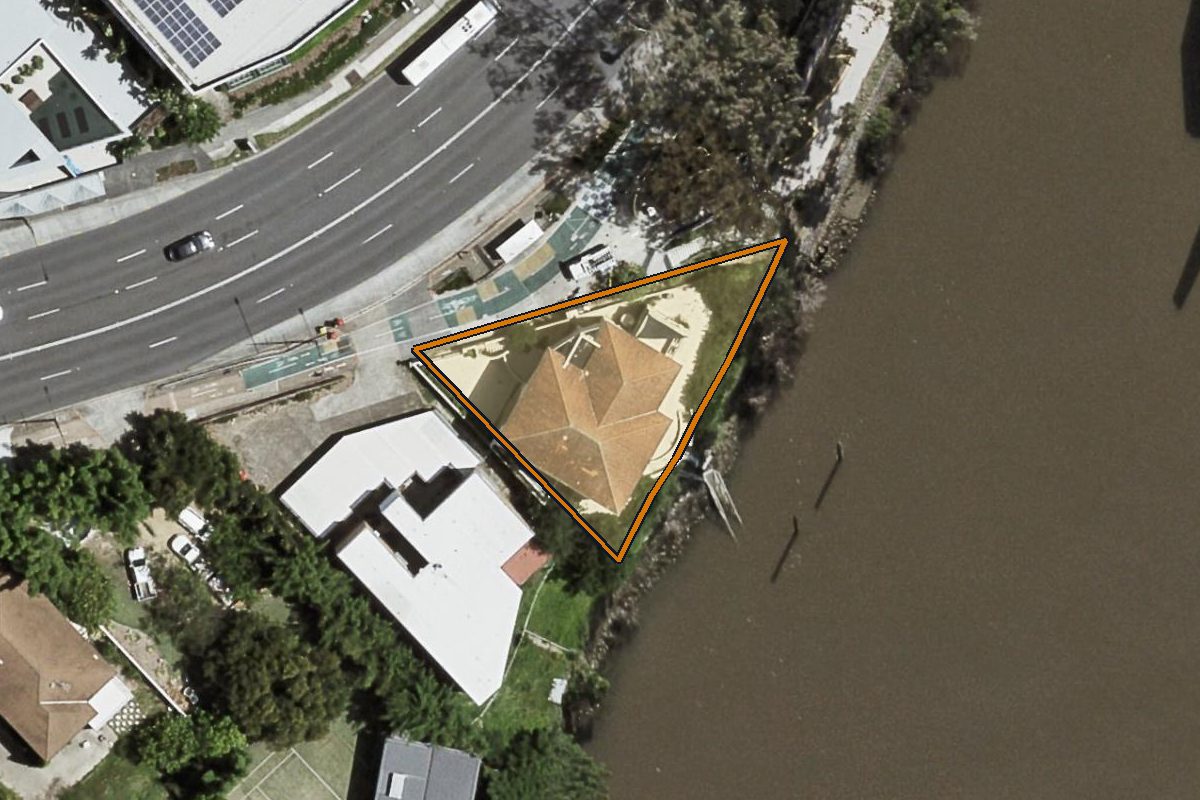 Aerial photo of 570 Coronation Drive, Toowong QLD 4066 with the lot boundary outlined in amber