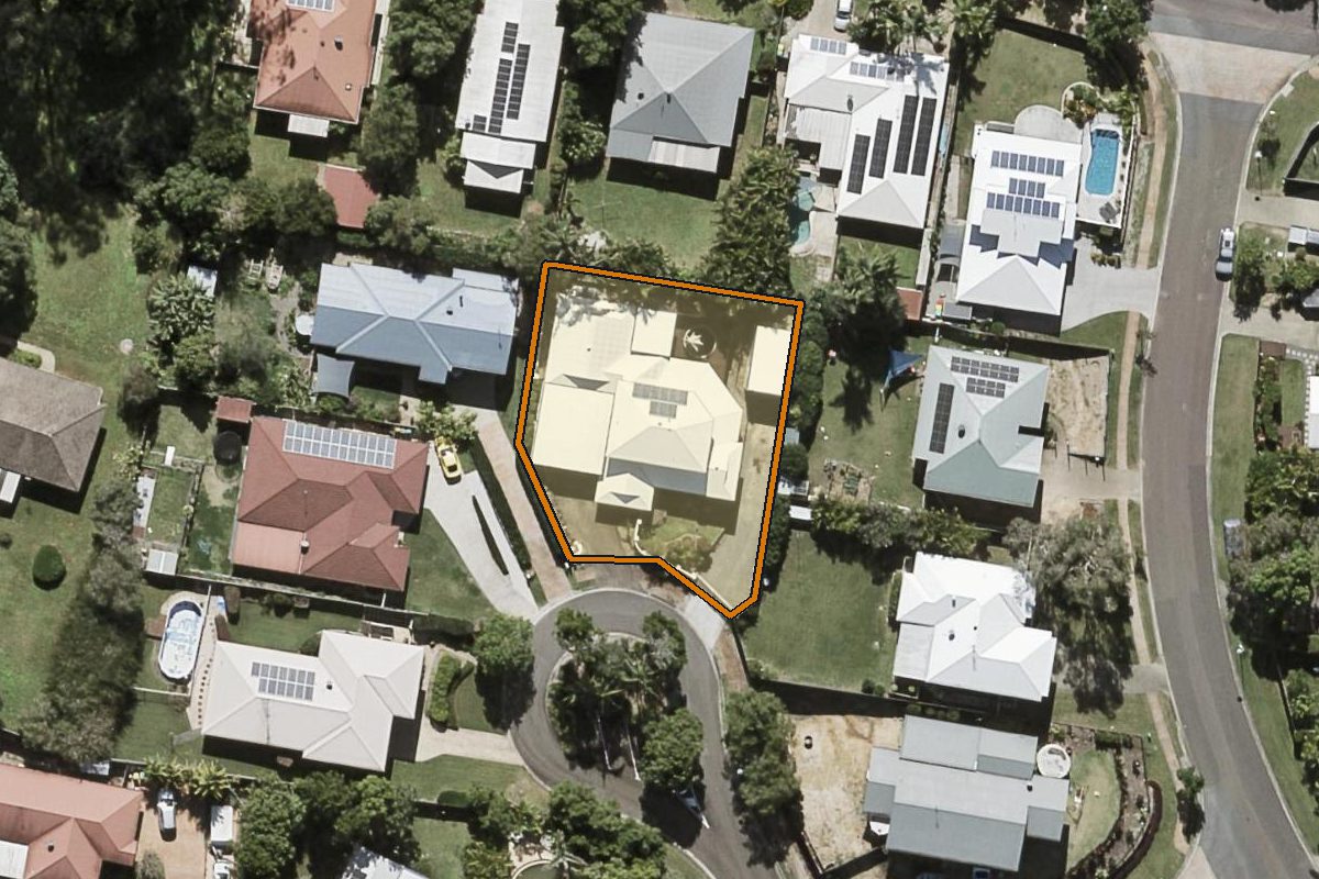 Aerial photo of 6 Coach Court, Palmwoods QLD 4555 with the lot boundary outlined in amber