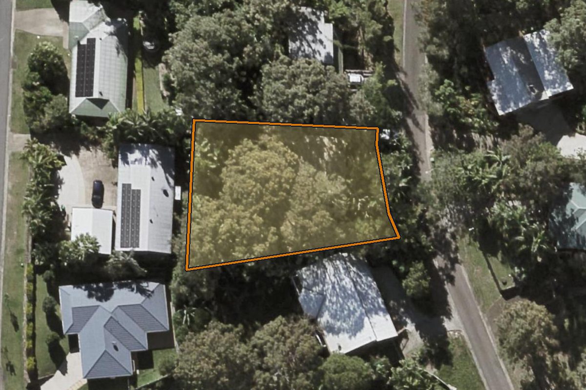 Aerial photo of 6 Hummingbird Terrace, Coolum Beach QLD 4573 with the lot boundary outlined in amber