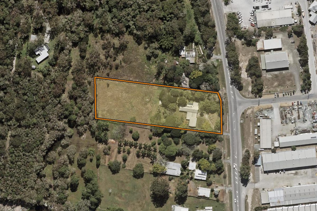 Aerial photo of 649 Old Gympie Road, Narangba QLD 4504 with the lot boundary outlined in amber