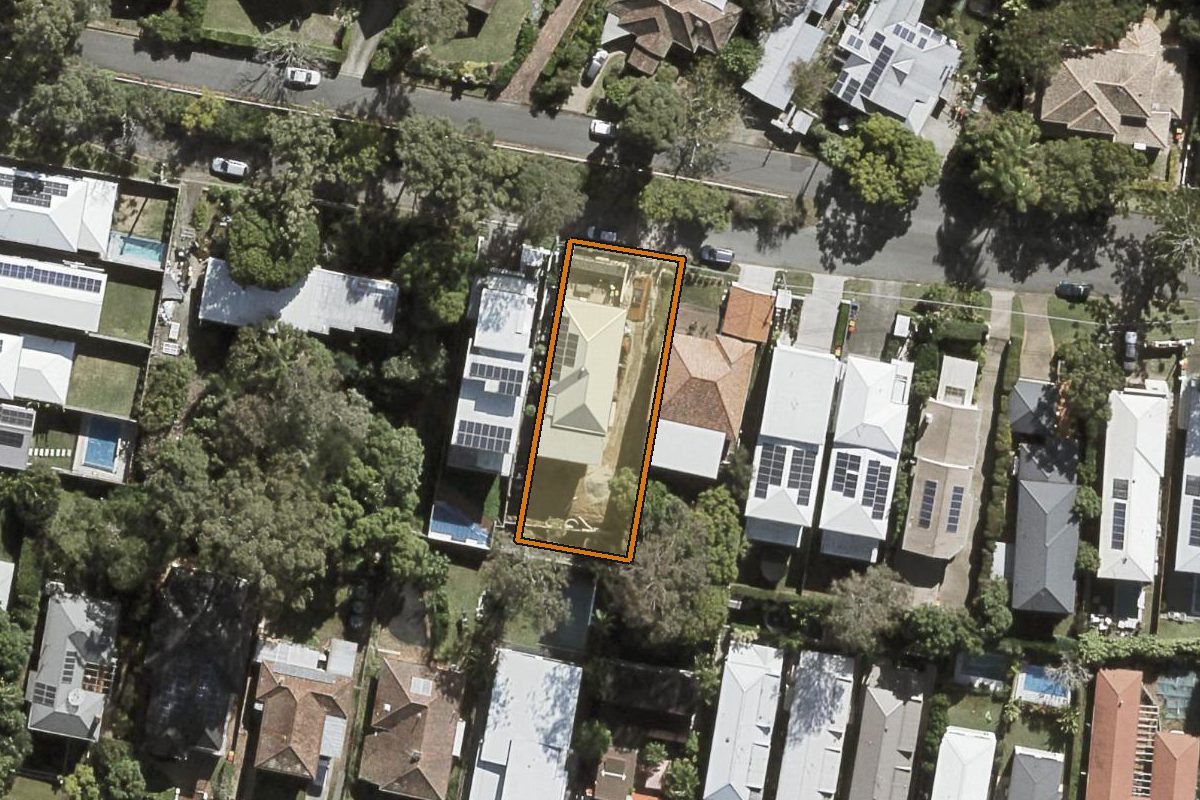 Aerial photo of 67 Eighth Avenue, St Lucia QLD 4067 with the lot boundary outlined in amber