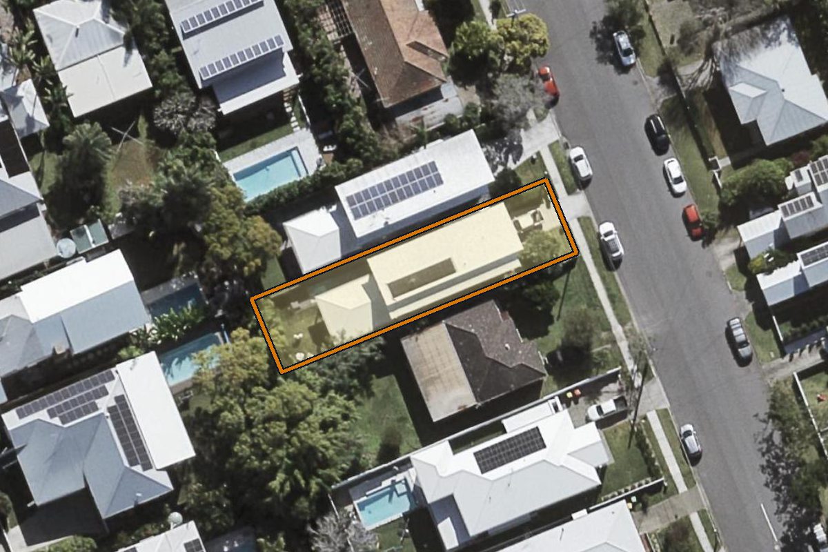 Aerial photo of 70 Lindsay Street, Ashgrove QLD 4060 with the lot boundary outlined in amber