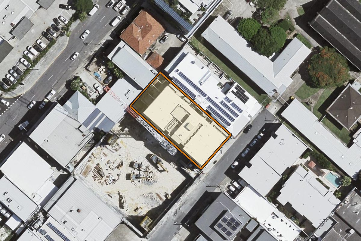 Aerial photo of 78 Berwick Street, Fortitude Valley QLD 4006 with the lot boundary outlined in amber