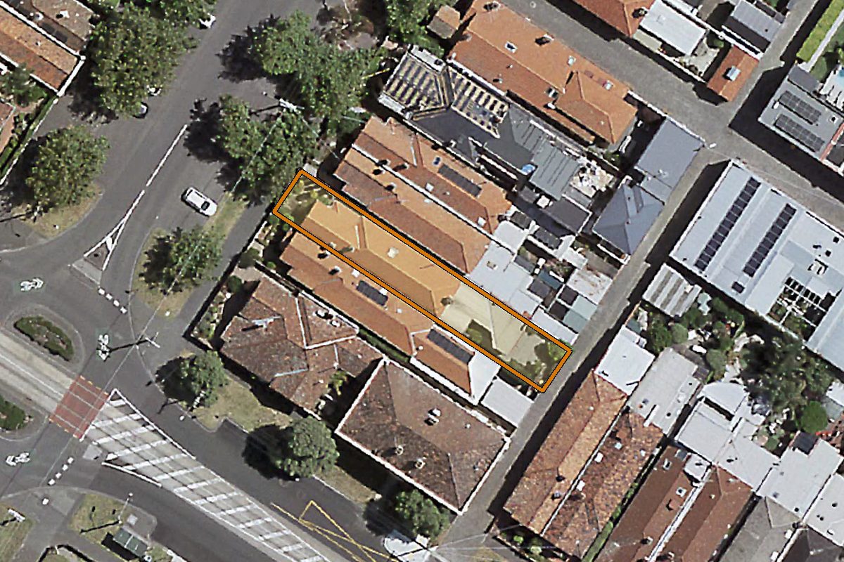 Aerial photo of 79 Armstrong Street, Middle Park VIC 3206 with the lot boundary outlined in amber