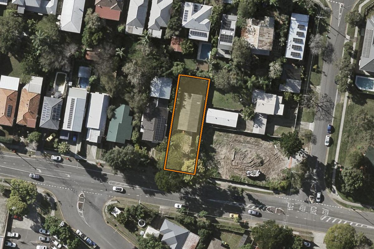 Aerial photo of 79 Sicklefield Road, Enoggera QLD 4051 with the lot boundary outlined in amber
