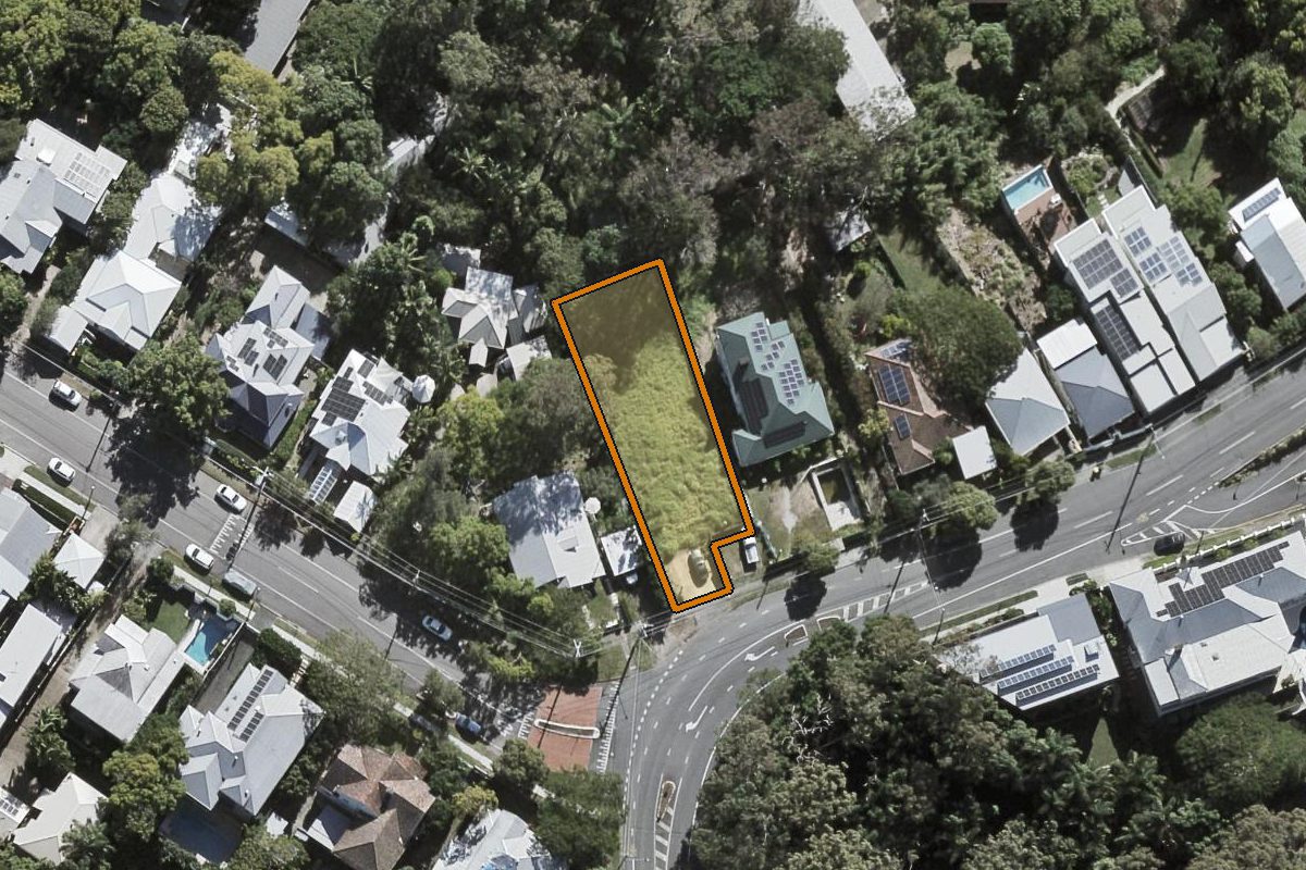 Aerial photo of 79 Simpsons Road, Bardon QLD 4065 with the lot boundary outlined in amber