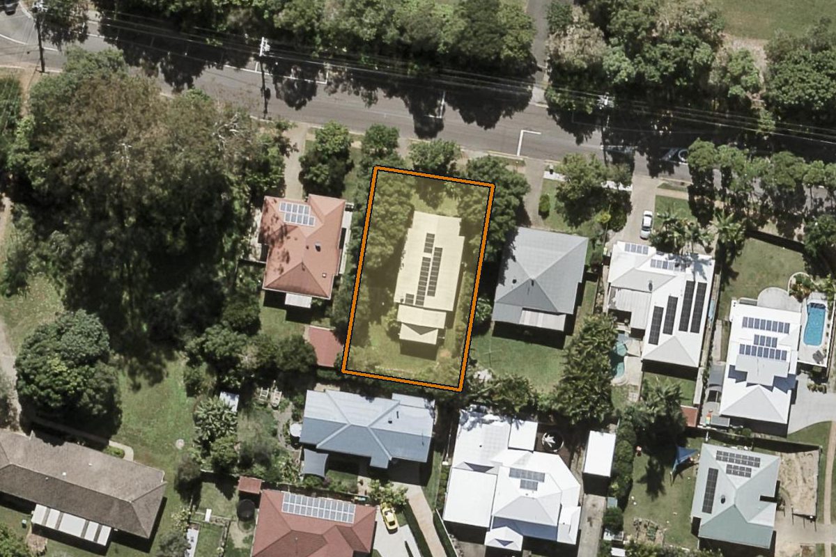 Aerial photo of 8 Palmwoods School Road, Palmwoods QLD 4555 with the lot boundary outlined in amber