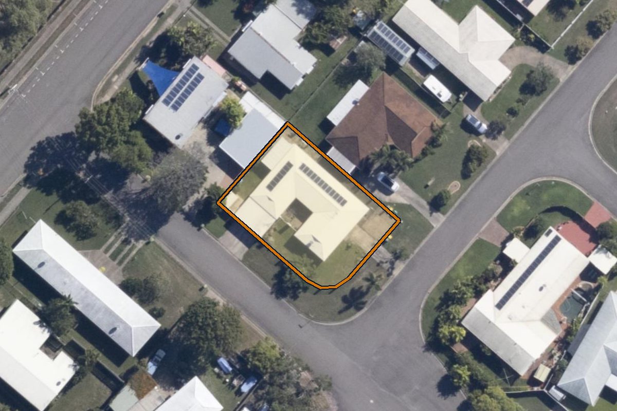 Aerial photo of 9 Kilroy Court, Cranbrook QLD 4814 with the lot boundary outlined in amber