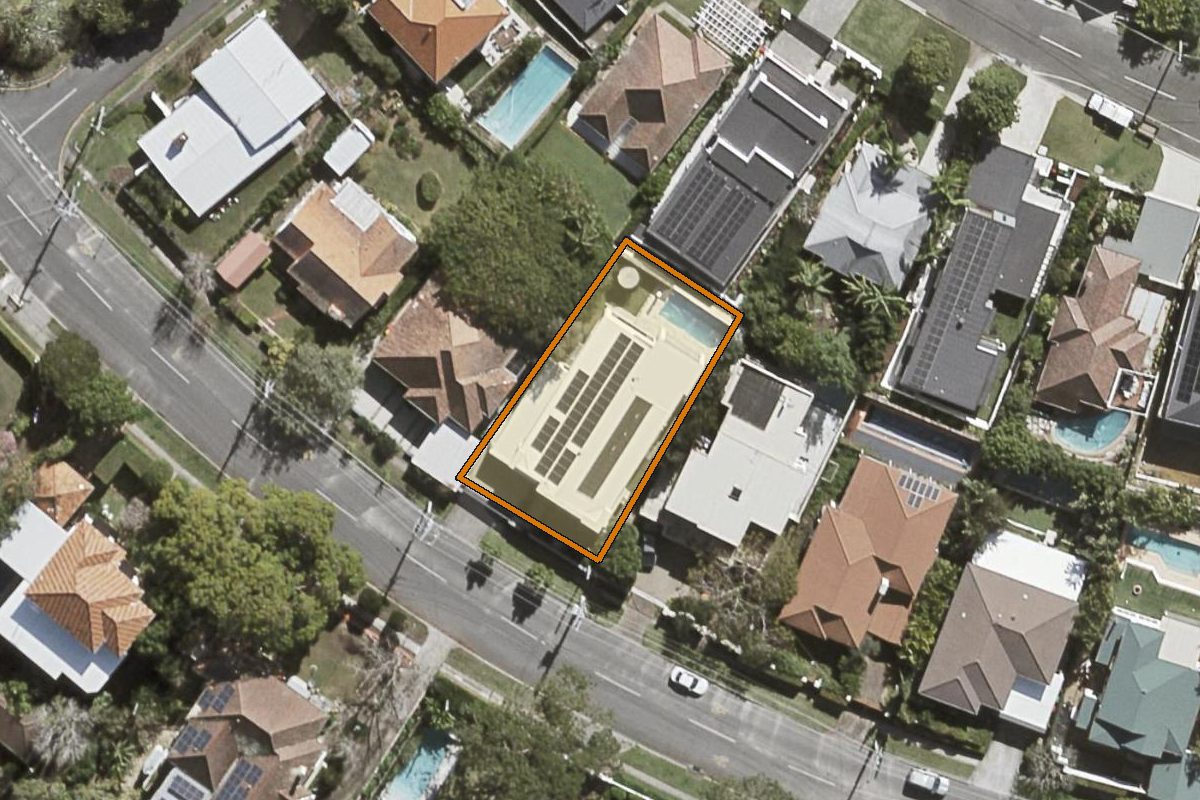 Aerial photo of 94 Hawken Drive, St Lucia QLD 4067 with the lot boundary outlined in amber