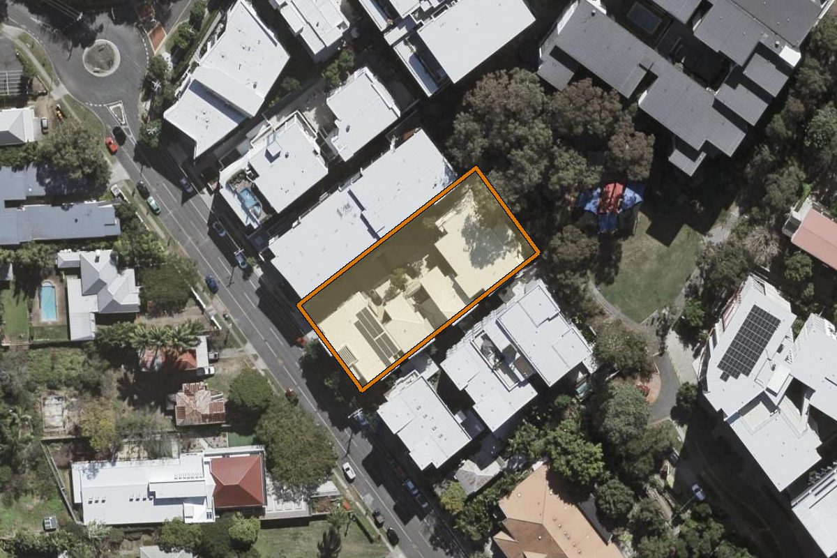 Aerial photo of 1/31 School Street, Kelvin Grove QLD 4059 with the lot boundary outlined in amber