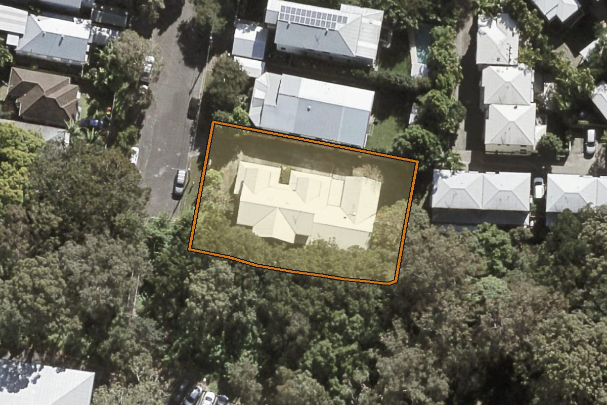Aerial photo of 1/36 Soudan Street, Toowong QLD 4066 with the lot boundary outlined in amber