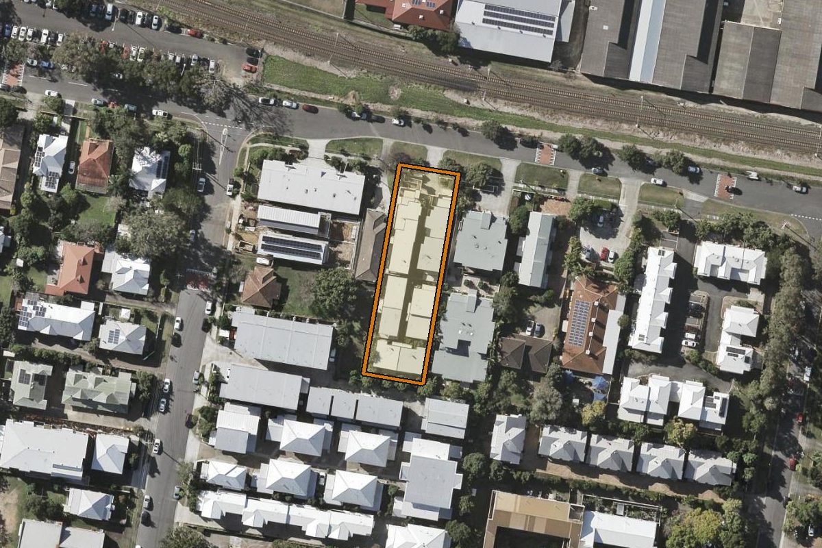 Aerial photo of 1/48 Glenalva Terrace, Enoggera QLD 4051 with the lot boundary outlined in amber