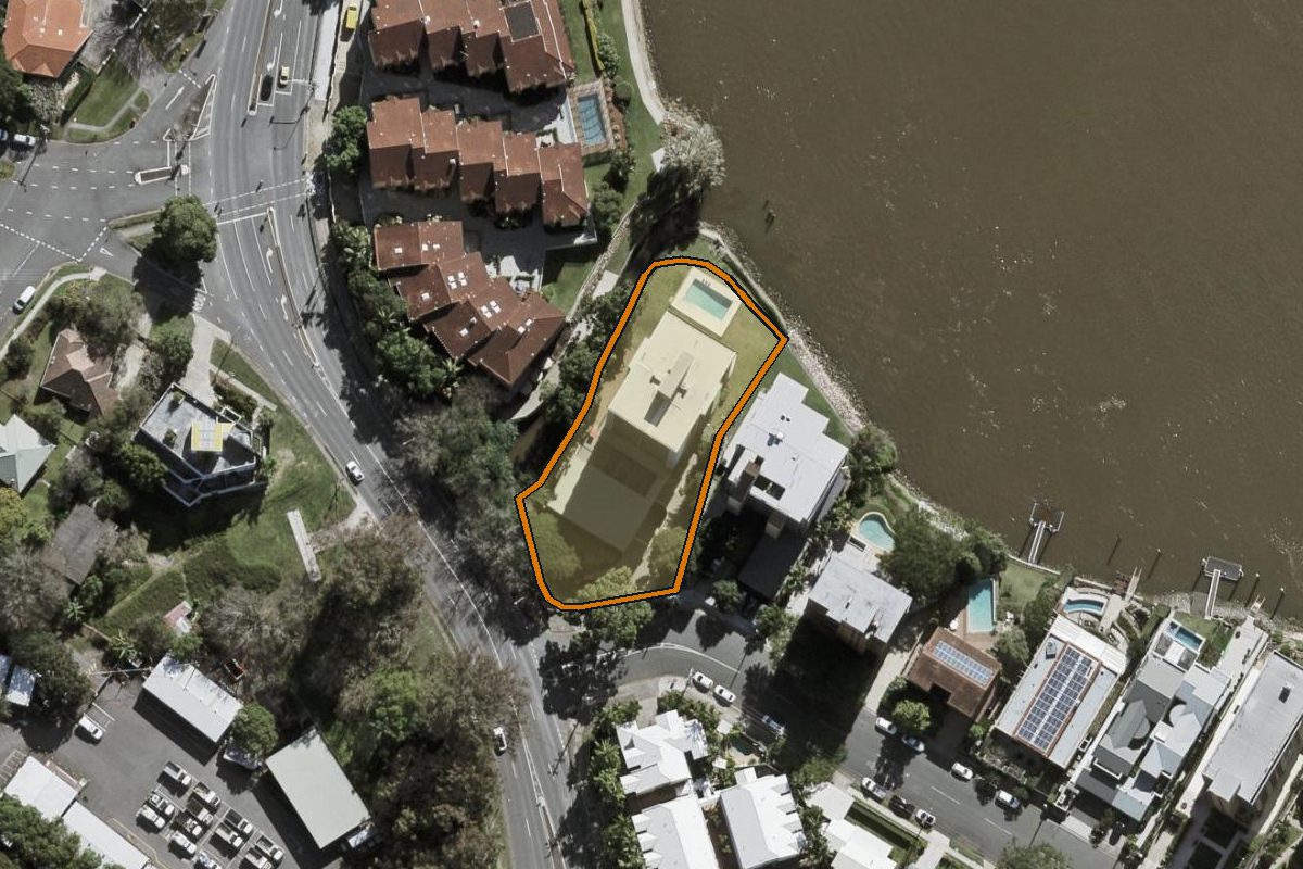Aerial photo of 10/2 Sandford Street, St Lucia QLD 4067 with the lot boundary outlined in amber