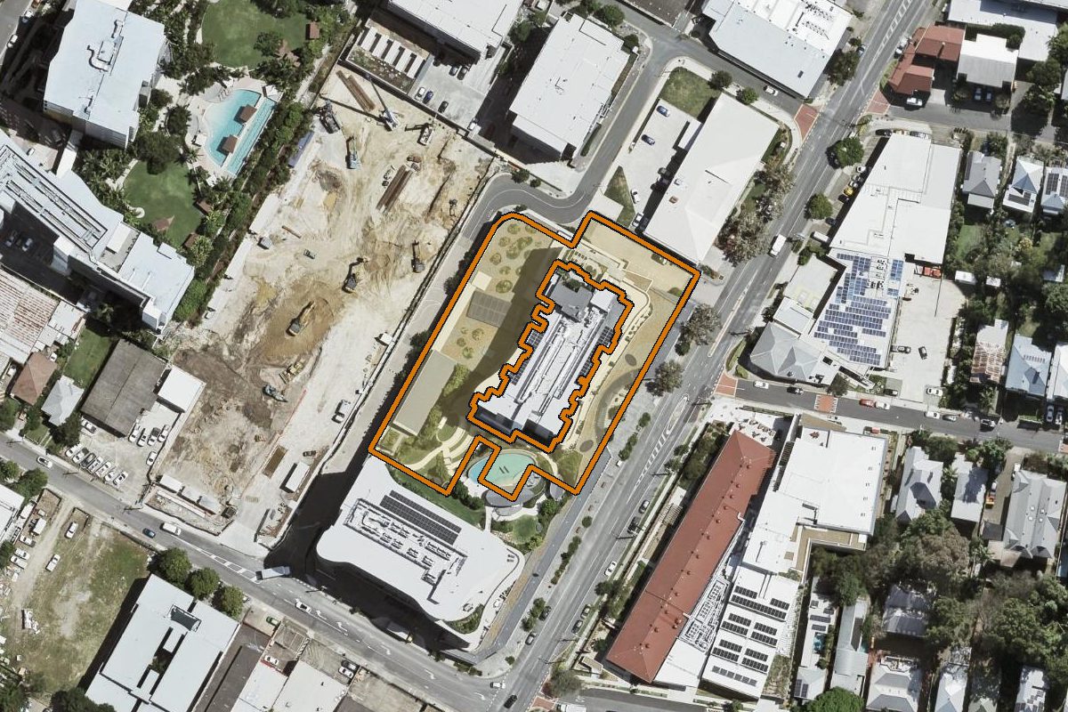 Aerial photo of 10305/405 Montague Road, West End QLD 4101 with the lot boundary outlined in amber