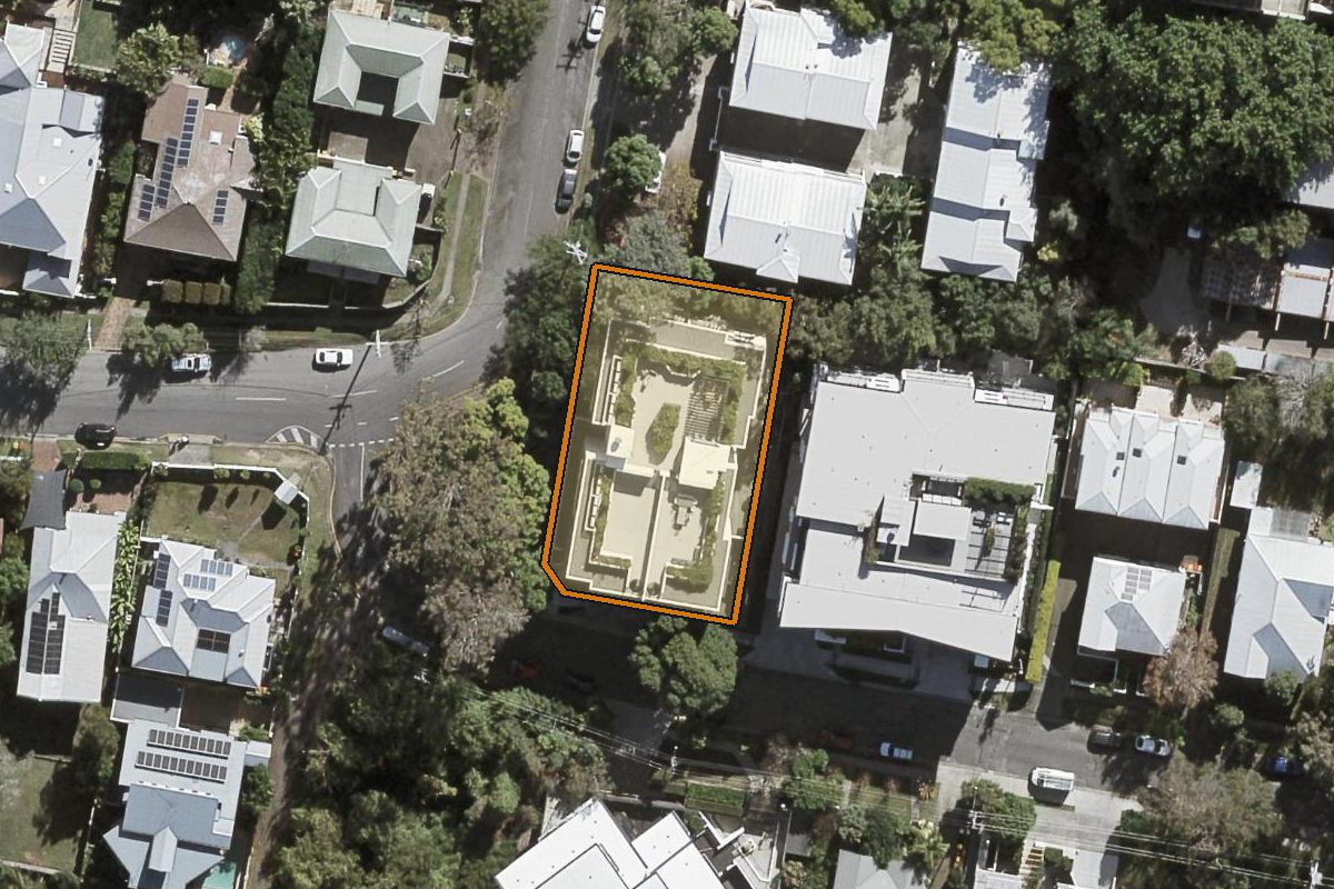 Aerial photo of 104/15 Priory Street, Indooroopilly QLD 4068 with the lot boundary outlined in amber