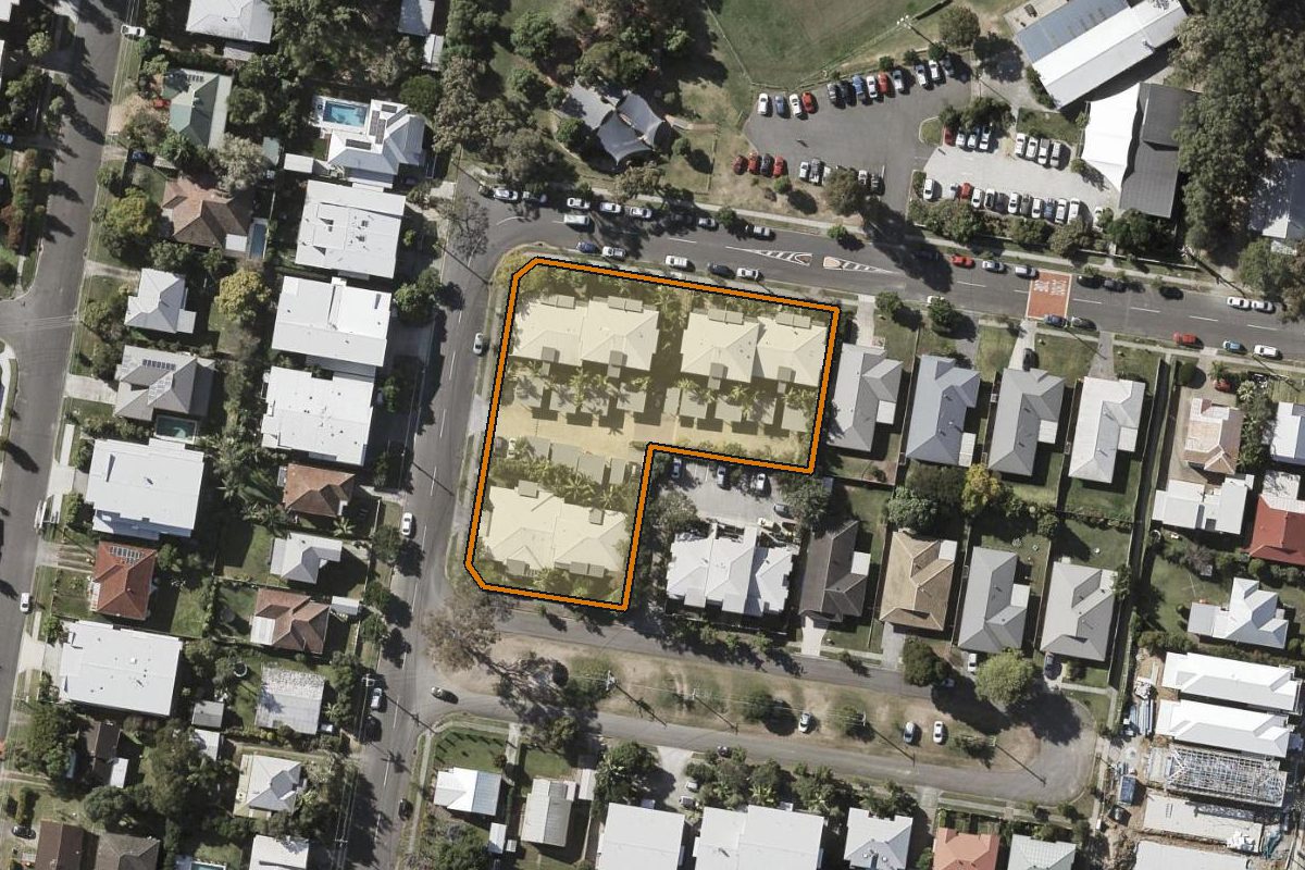 Aerial photo of 11/74-80 Hurdcotte Street, Enoggera QLD 4051 with the lot boundary outlined in amber