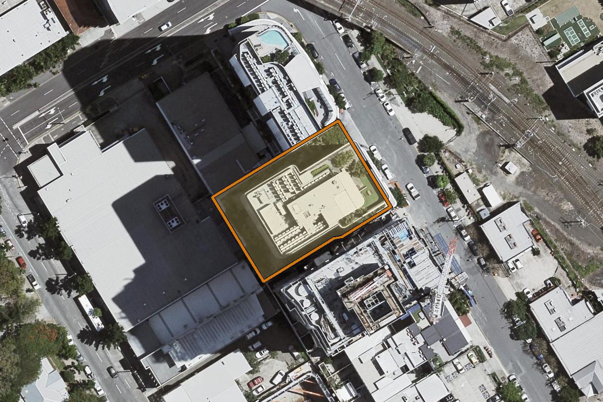 Aerial photo of 1138/58 Hope Street, South Brisbane QLD 4101 with the lot boundary outlined in amber