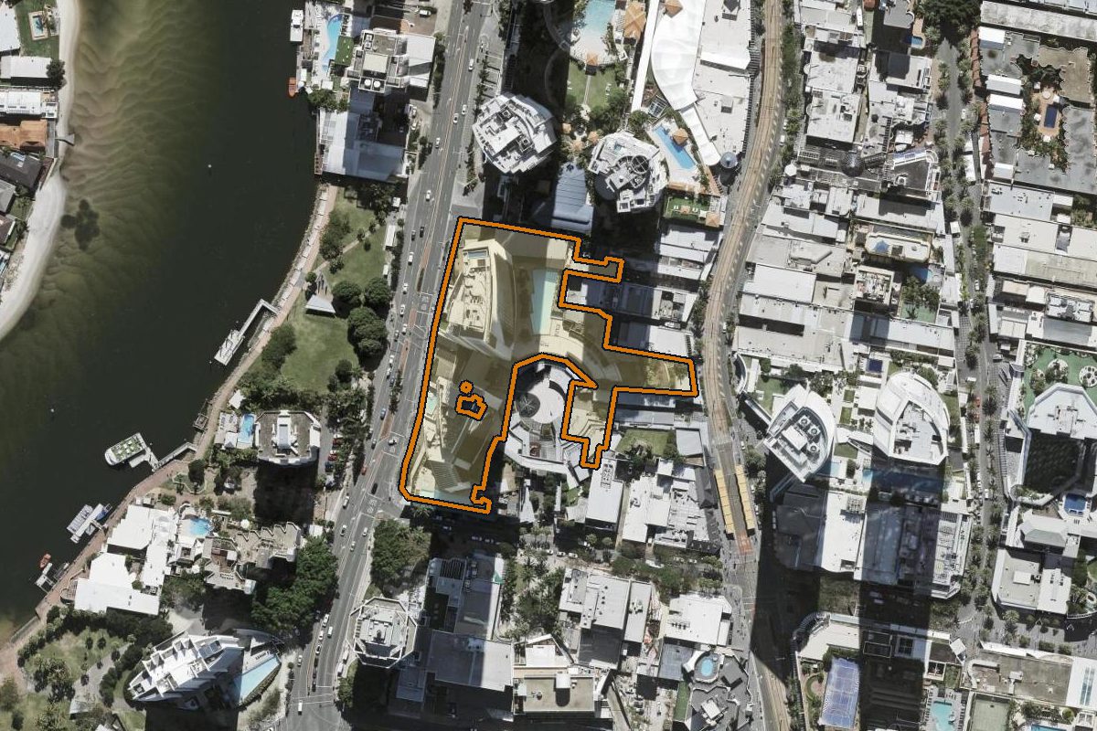 Aerial photo of 1235/9 Ferny Avenue, Surfers Paradise QLD 4217 with the lot boundary outlined in amber