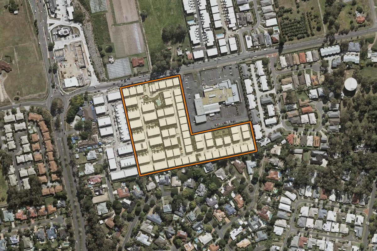 Aerial photo of 152/164 Government Road, Richlands QLD 4077 with the lot boundary outlined in amber