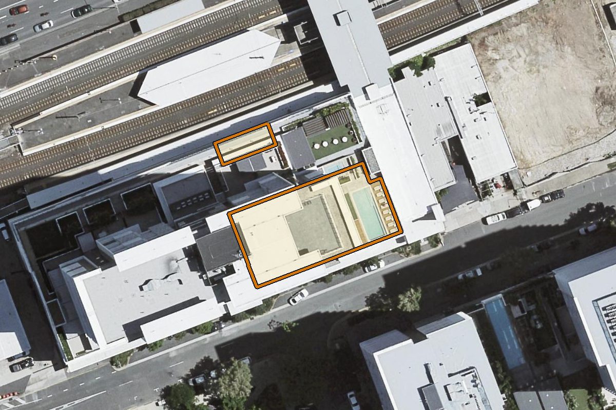 Aerial photo of 1609/55 Railway Terrace, Milton QLD 4064 with the lot boundary outlined in amber