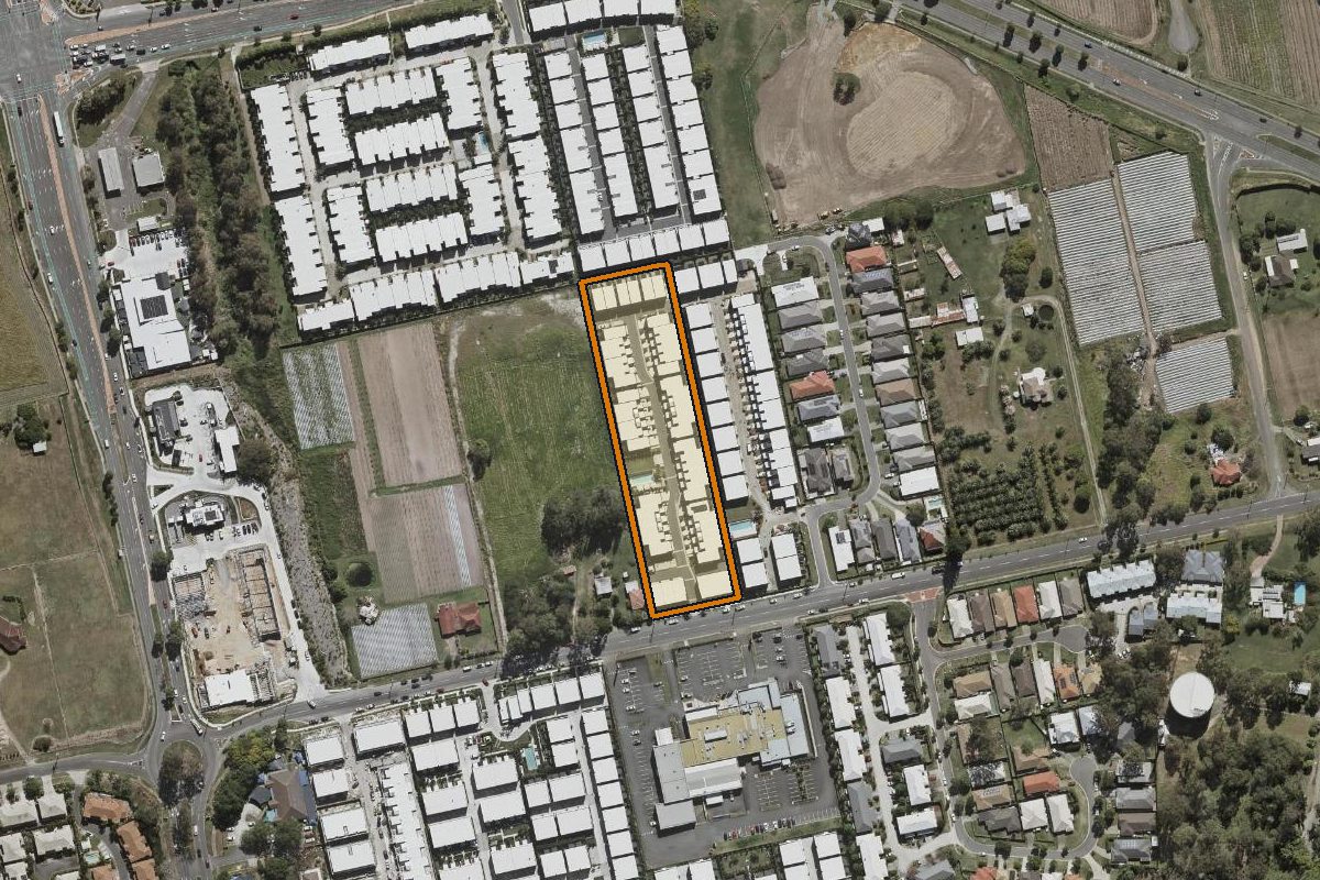 Aerial photo of 18/145 Government Road, Richlands QLD 4077 with the lot boundary outlined in amber