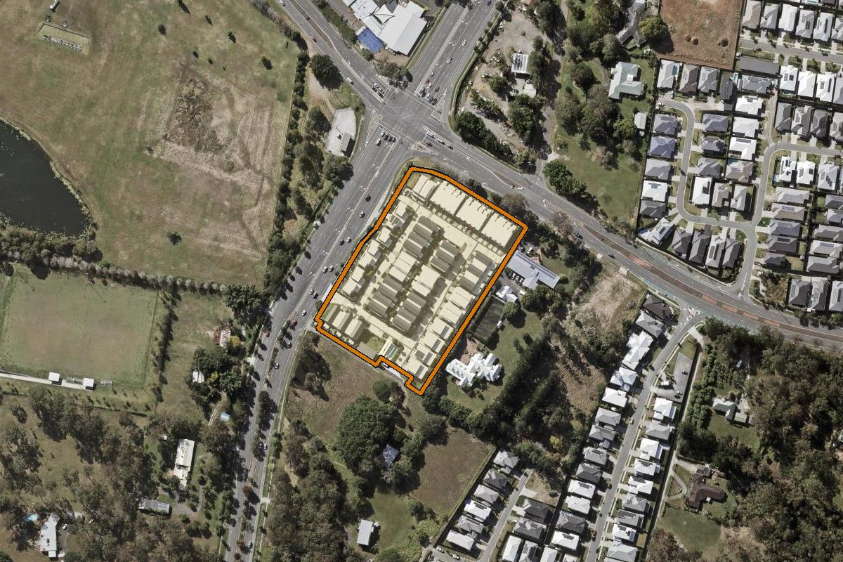 Aerial photo of 18/461 Beckett Road, Bridgeman Downs QLD 4035 with the lot boundary outlined in amber