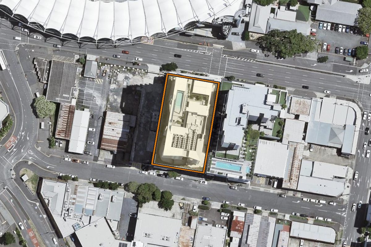 Aerial photo of 1806/14 Trafalgar Street, Woolloongabba QLD 4102 with the lot boundary outlined in amber