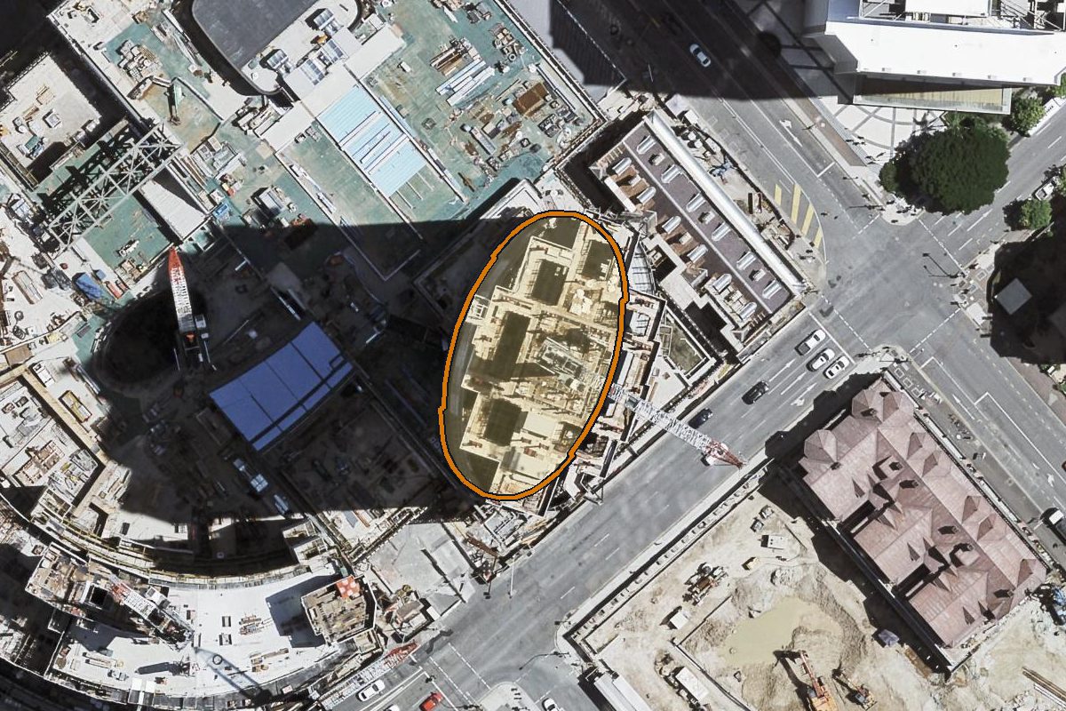 Aerial photo of 1912/8 Margaret Street, Brisbane City QLD 4000 with the lot boundary outlined in amber