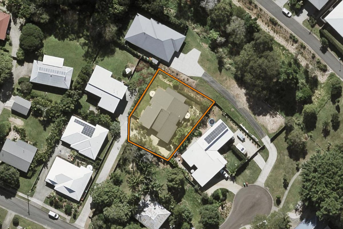 Aerial photo of 2/4 Wells Street, Palmwoods QLD 4555 with the lot boundary outlined in amber