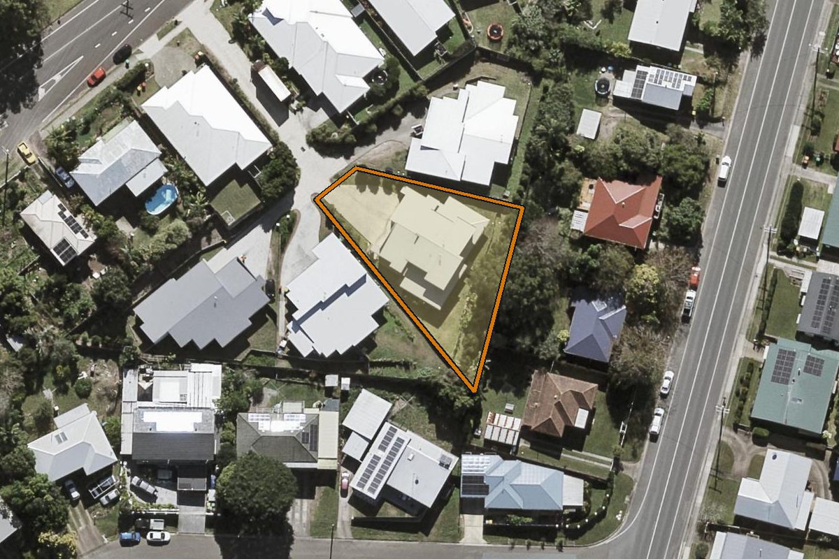 Aerial photo of 2/73 Perwillowen Road, Burnside QLD 4560 with the lot boundary outlined in amber