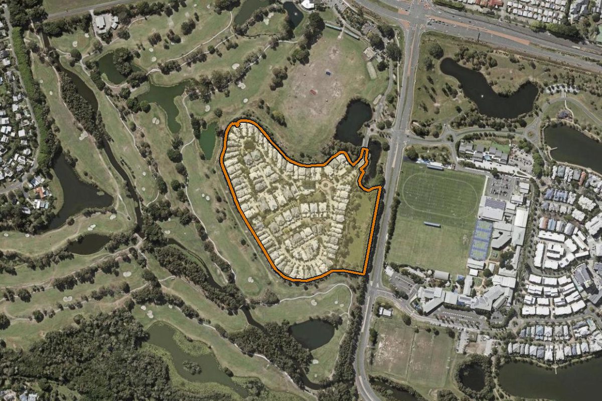 Aerial photo of 2004/1 The Vistas Drive, Carrara QLD 4211 with the lot boundary outlined in amber