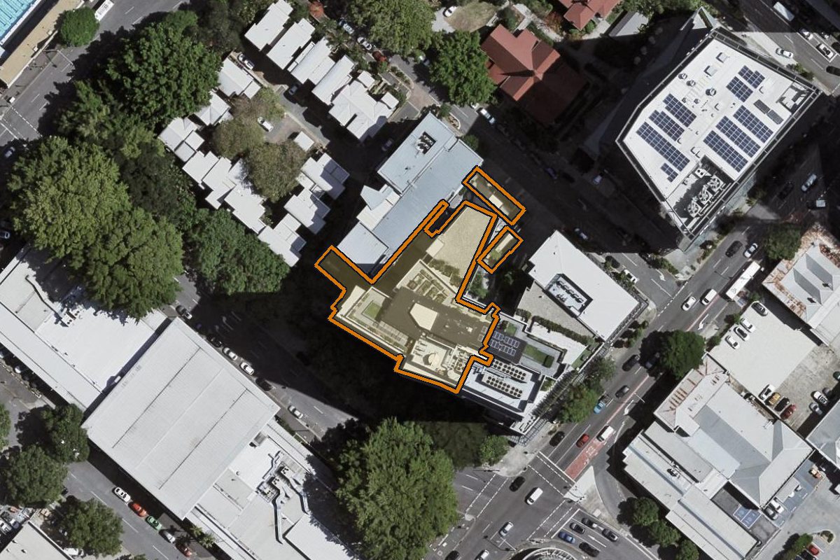 Aerial photo of 206/8 Church Street, Fortitude Valley QLD 4006 with the lot boundary outlined in amber