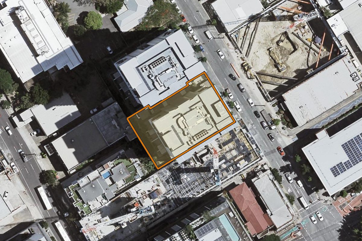 Aerial photo of 20805/28 Merivale Street, South Brisbane QLD 4101 with the lot boundary outlined in amber