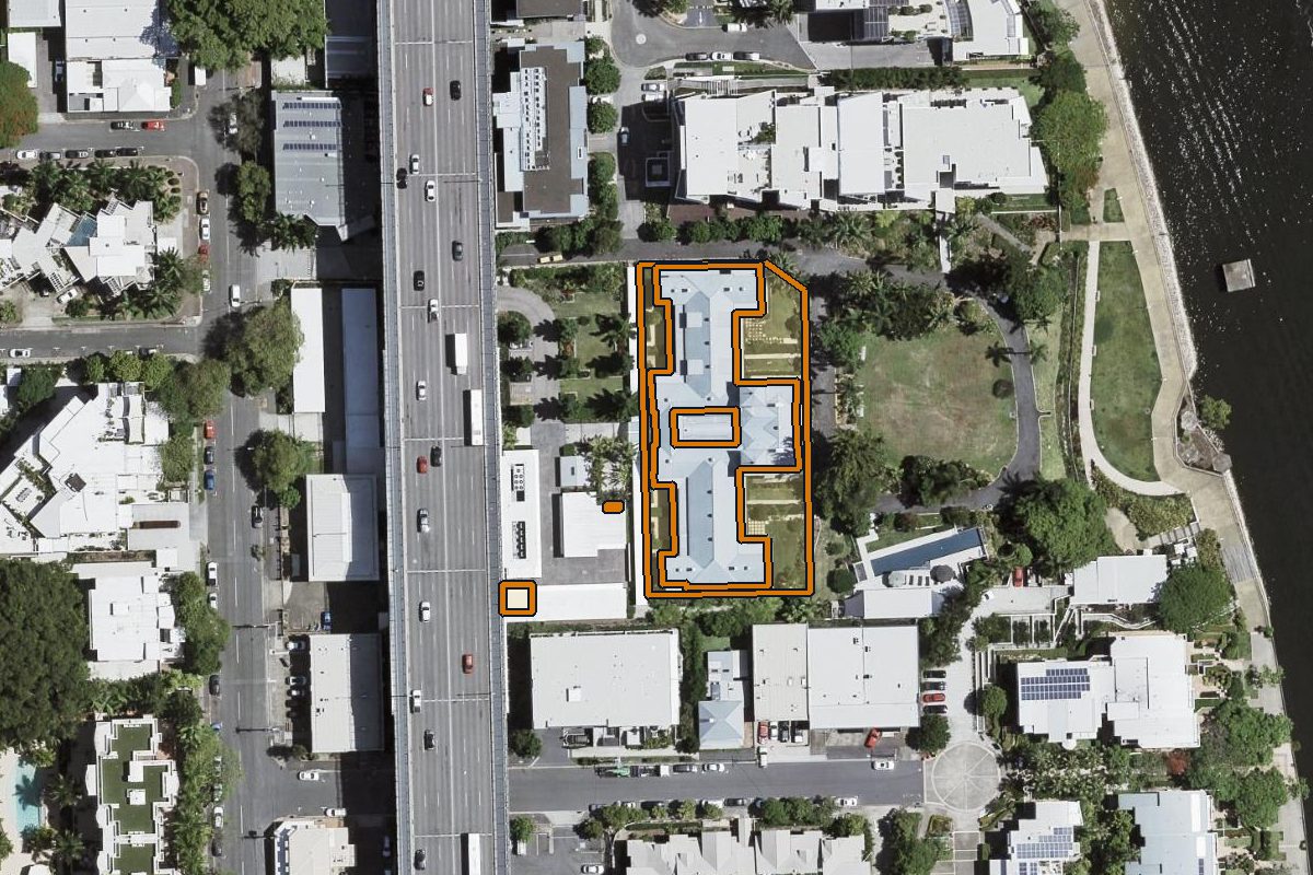 Aerial photo of 2210/25 Anderson Street, Kangaroo Point QLD 4169 with the lot boundary outlined in amber