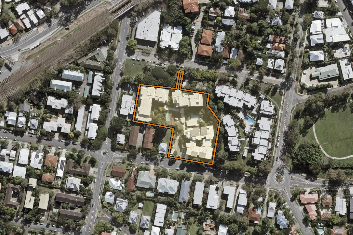 Aerial photo of 23/29 Alpha Street, Taringa QLD 4068 with the lot boundary outlined in amber