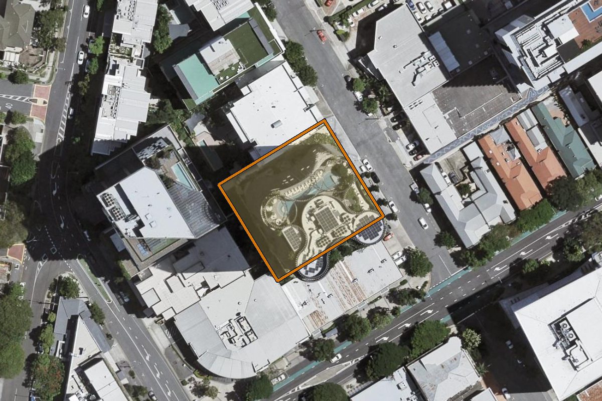 Aerial photo of 2302/15 Manning Street, South Brisbane QLD 4101 with the lot boundary outlined in amber