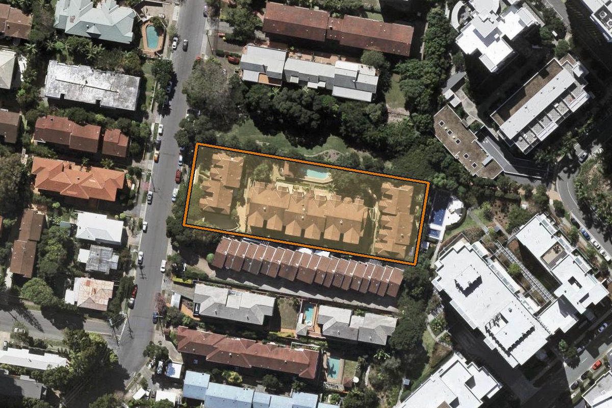 Aerial photo of 26/53 Bauer Street, Southport QLD 4215 with the lot boundary outlined in amber