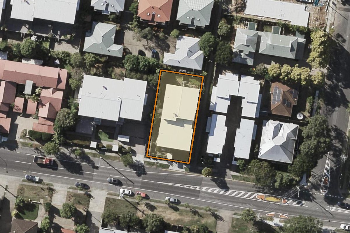 Aerial photo of 3/213 Pickering Street, Enoggera QLD 4051 with the lot boundary outlined in amber