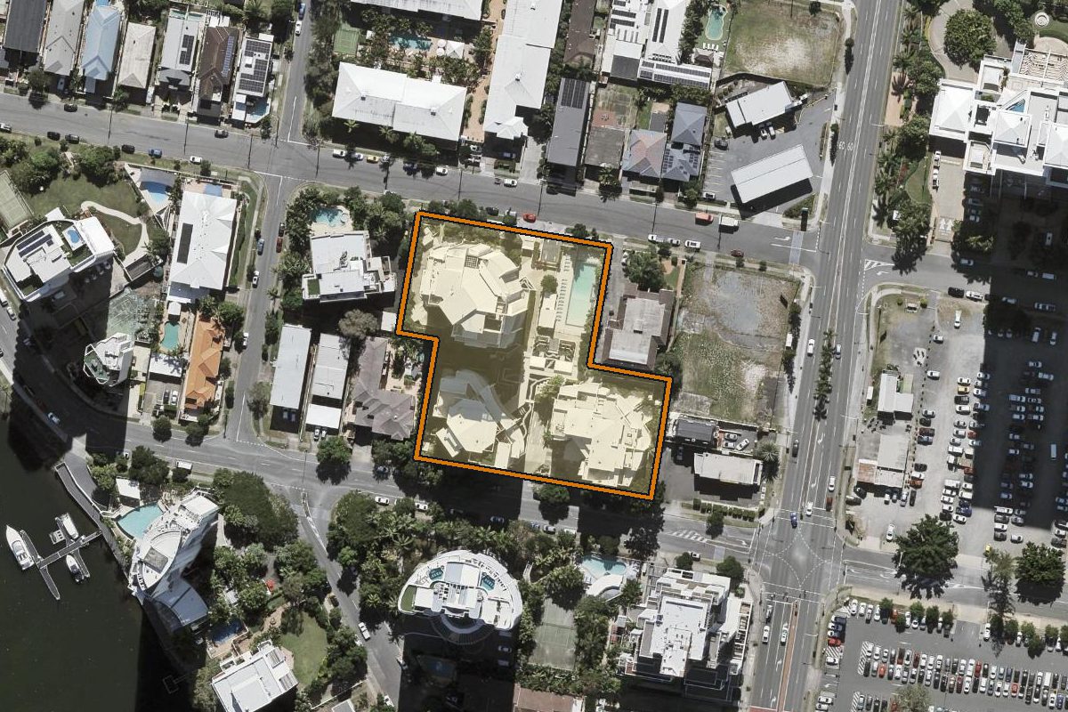 Aerial photo of 325/21 Cypress Avenue, Surfers Paradise QLD 4217 with the lot boundary outlined in amber