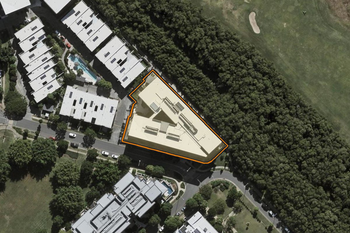 Aerial photo of 4104/18 Parkside Circuit, Hamilton QLD 4007 with the lot boundary outlined in amber
