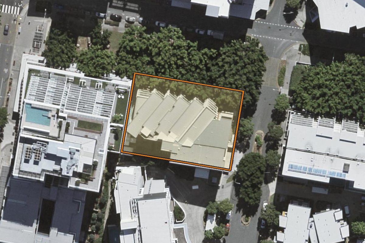 Aerial photo of 42/31 Ramsgate Street, Kelvin Grove QLD 4059 with the lot boundary outlined in amber