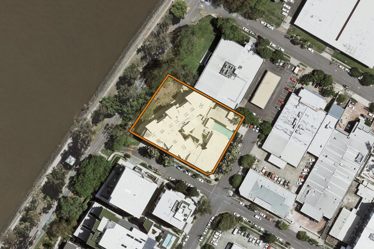 Aerial photo of 47/5 Duncan Street, West End QLD 4101 with the lot boundary outlined in amber