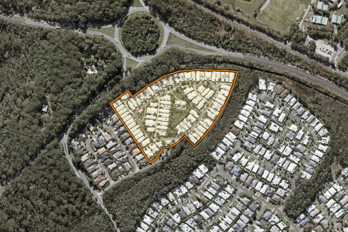 Aerial photo of 48/15 Dunes Court, Peregian Springs QLD 4573 with the lot boundary outlined in amber