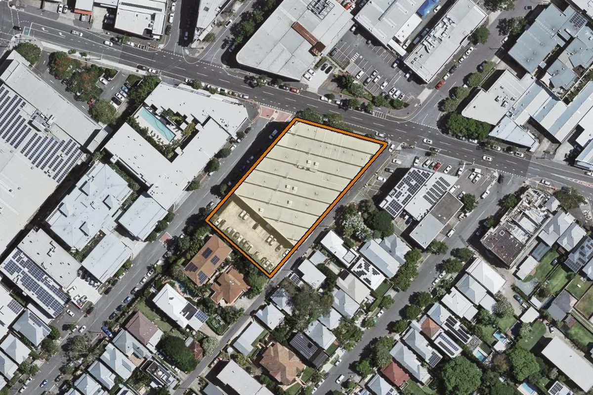 Aerial photo of 48/241 Arthur Street, Teneriffe QLD 4005 with the lot boundary outlined in amber